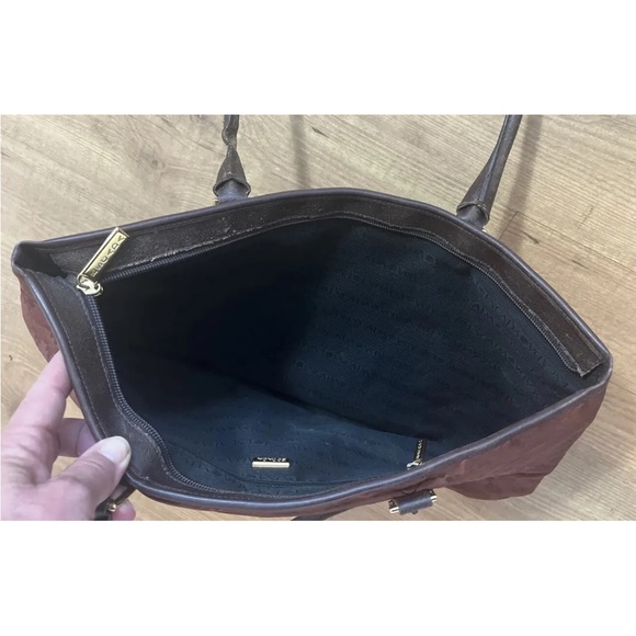 Vintage Escada Tote Bag Purse Canvas Leather Trim Brown Embossed Daisy Flower - Picture 7 of 10